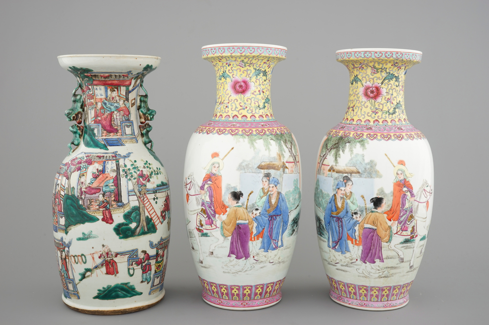A Chinese famille rose vase with silk production scene, 19th C. and a pair of 20th C. Mulan vases