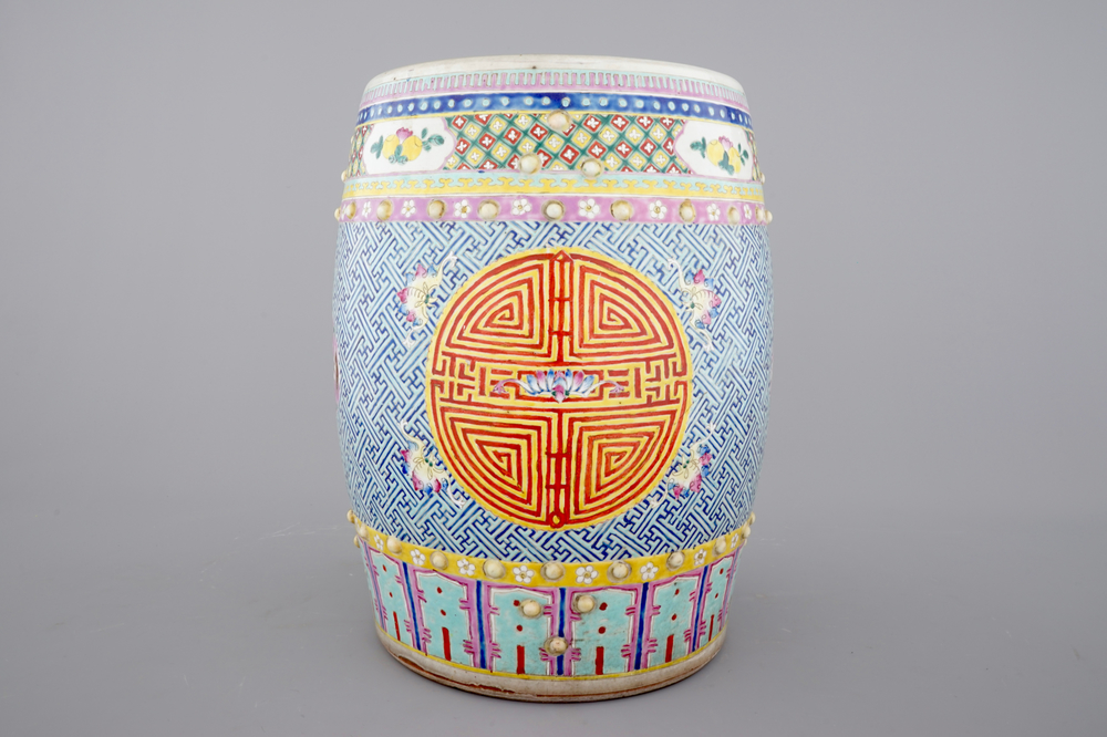 A Chinese famille rose porcelain 'Shou' garden seat, 19th C.