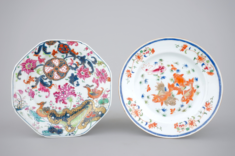 Two Chinese famille rose plates, Qianlong, 18th C.: one pseudo tobacco leaf and one with carps