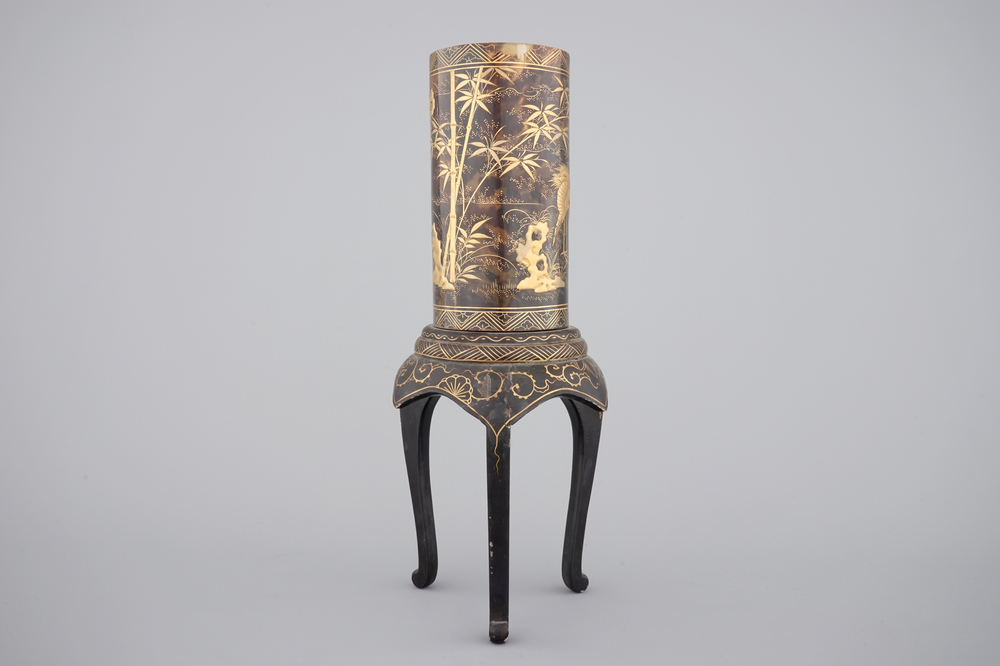 A tall Japanese gold-lacquered tortoise shell brush pot on tripod stand, Meiji, ca. 1880