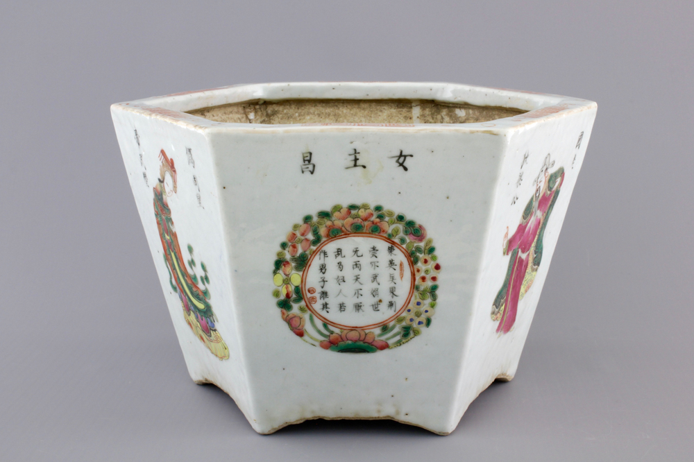 A hexagonal Chinese famille rose porcelain "Wu Shuang Pu" jardiniere, 19th C.