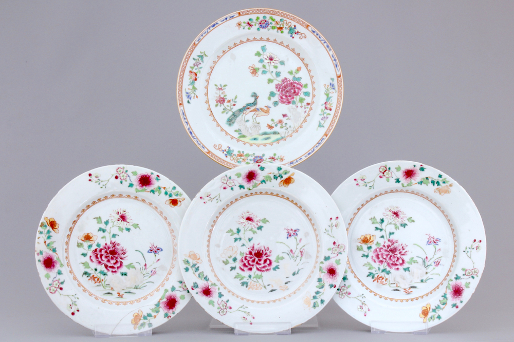4 Chinese famille rose porcelain plates: one with peacocks and three floral, Qianlong, 18th C.