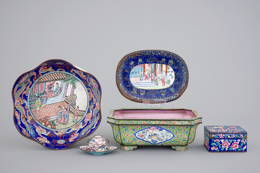 Five Chinese Canton enamel pieces, inc. a large bowl and covered cup on stand, 18/19th C.