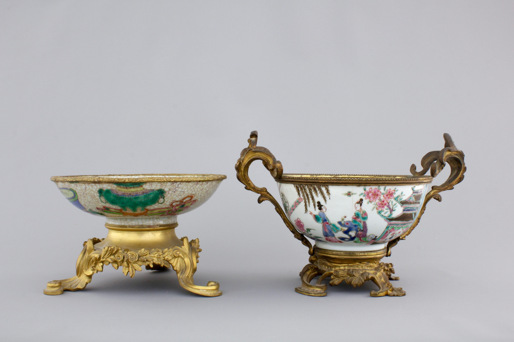Two Chinese porcelain bowls with gilt bronze mounts, Yongzheng and 19th C.