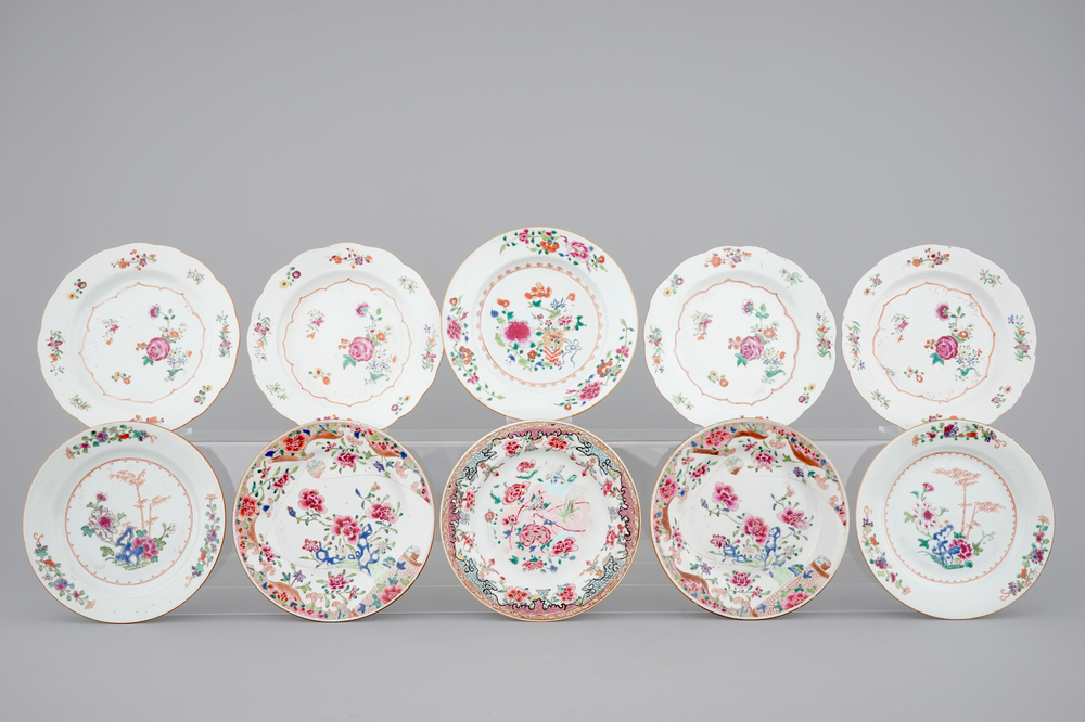 Ten Chinese porcelain famille rose plates, 18th C.