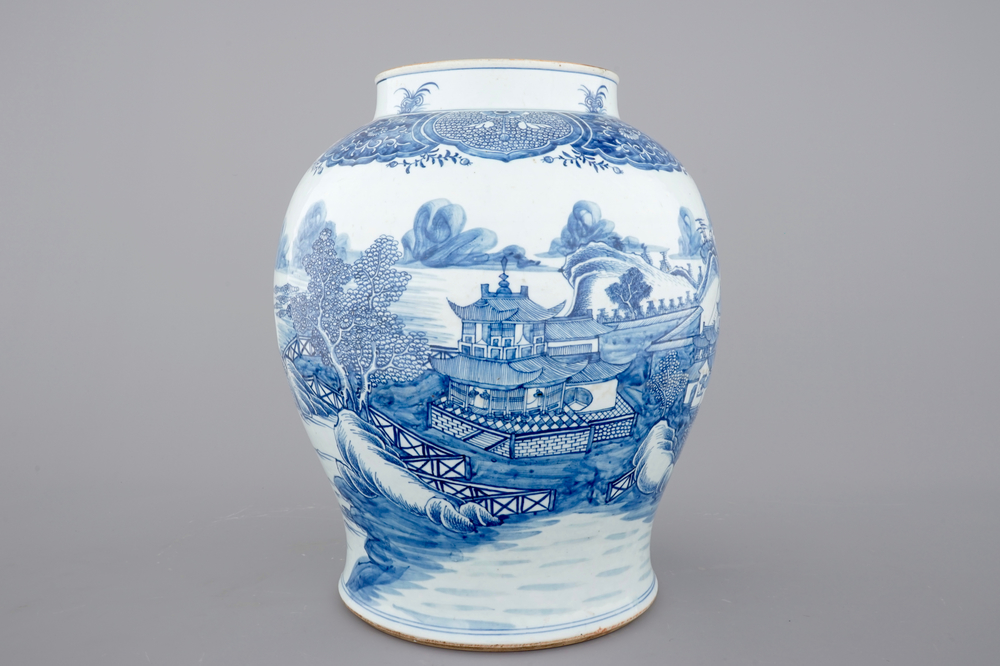 A tall blue and white Chinese porcelain landscape vase, early 18th C.