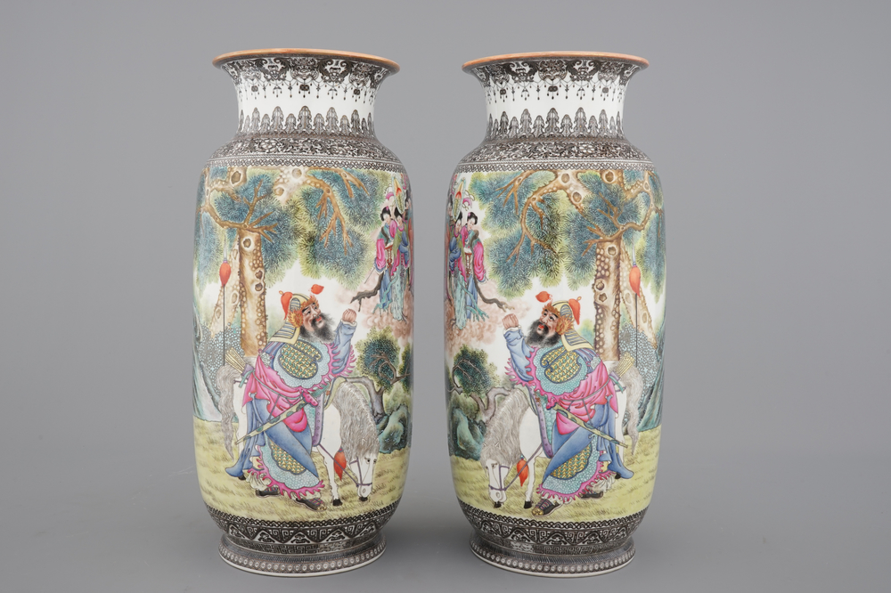 A tall pair of Chinese famille rose vases, Republic, 20th C.