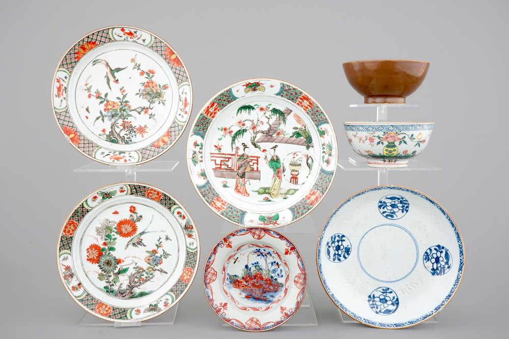 18th C. Chinese porcelain, mostly Kangxi famille verte: 4 plates and 3 bowls