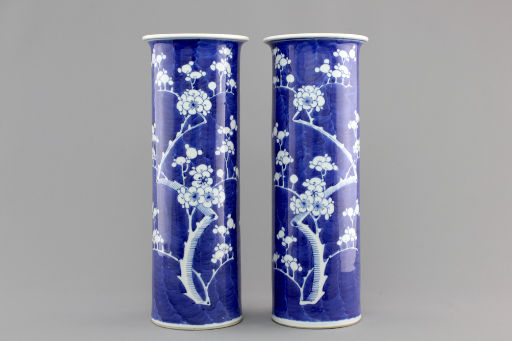 A pair of blue and white Chinese vases with prunus decoration, 19th C.