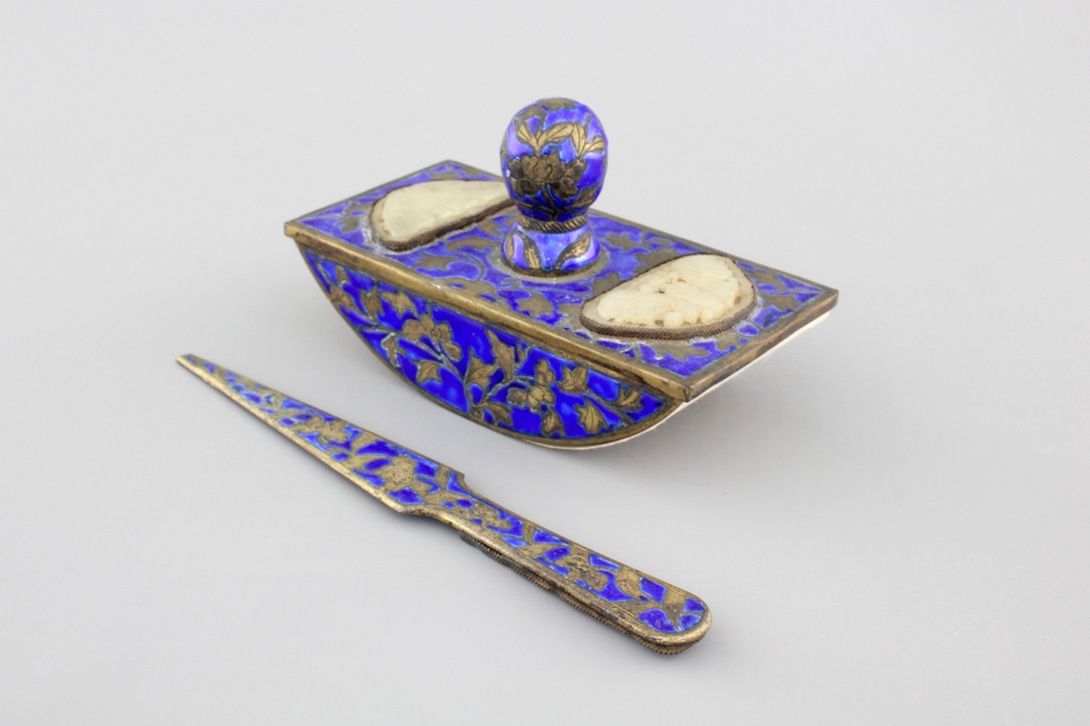 An enameled bronze and inset jade writing set, 19th C.