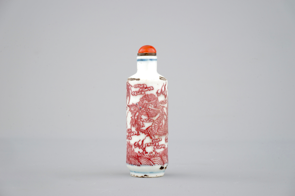 A Chinese blue, white and iron red dragon snuff bottle, ca. 1900