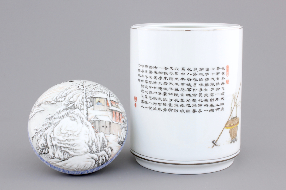 A Chinese box and cover with a winter landscape and a brush pot, 20th C.