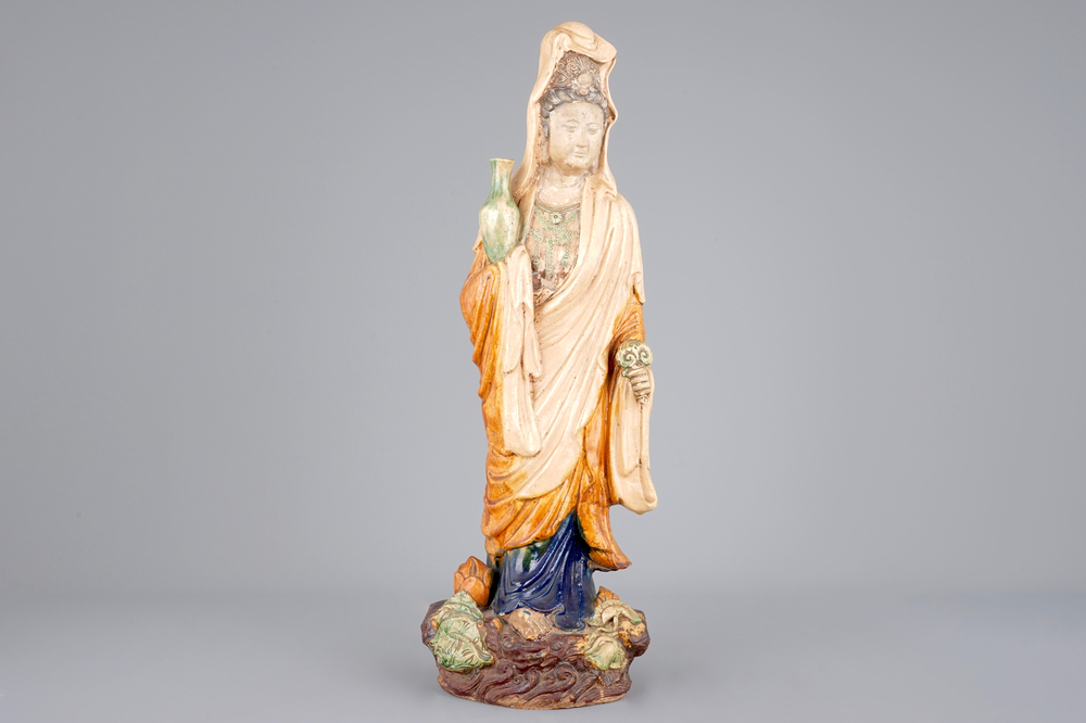 A tall Chinese sancai pottery figure of a guanyin, prob. Ming Dynasty