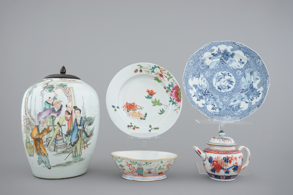 Two Chinese plates, an Imari teapot, 18th C., with a bowl and a ginger jar, 19th C.