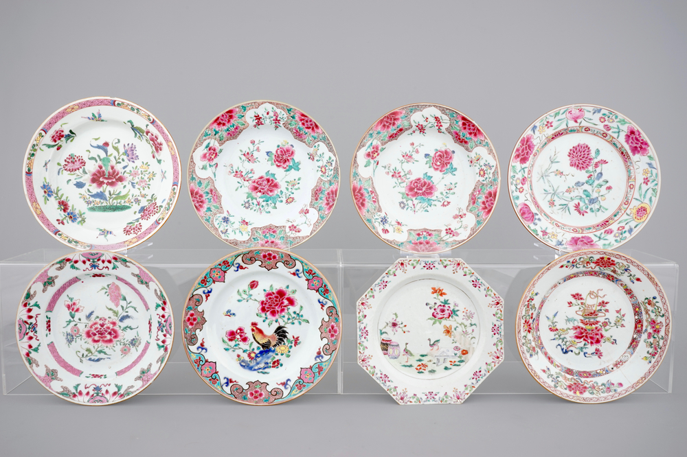 Eight Chinese famille rose export porcelain plates, Qianlong, 18th C.