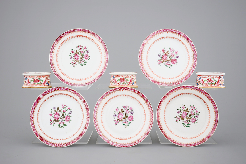 Three Chinese porcelain famille rose salts and five small plates, 18th C.