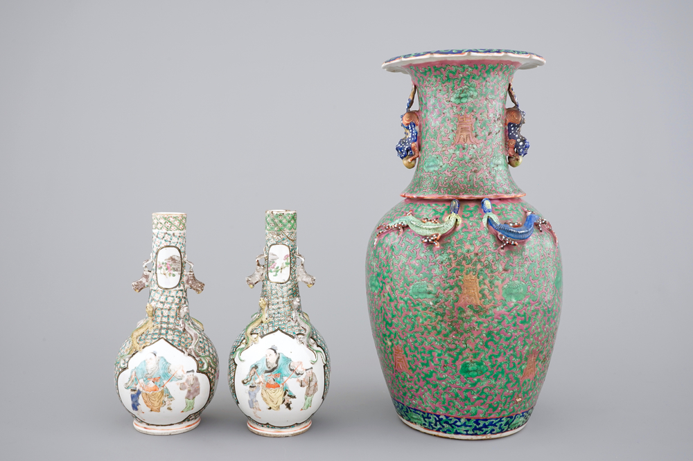 A pair of Canton famille verte vases and a pink ground Canton vase, 19th C.