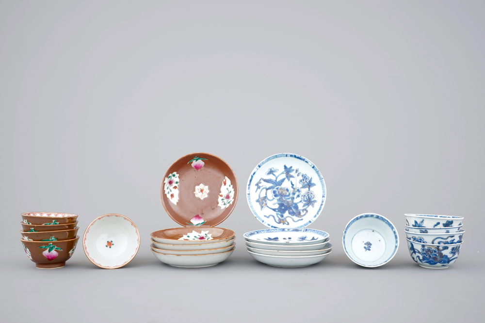 A group of 10 Chinese cups and saucers: Famille rose and batavia brown with blue, white and gilt, Kangxi-Qianlong, 18th C.
