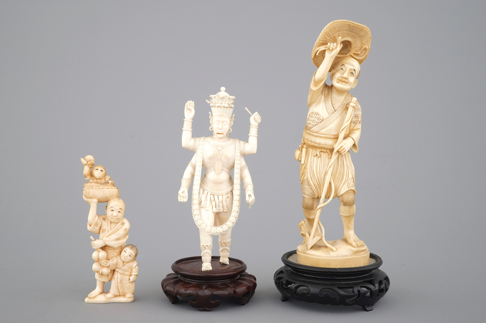 Three carved ivory figures, Japan and India, 19th C.