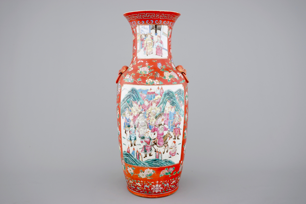 An unusual tall Chinese porcelain coral red ground vase, 19th C.