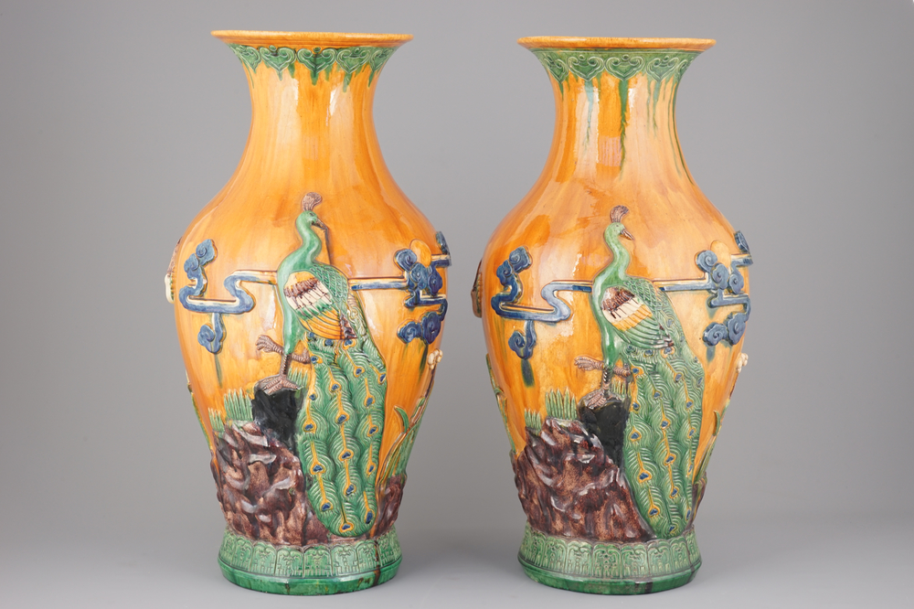 A pair of very tall Chinese sancai glazed vases, 1st half 20th C.