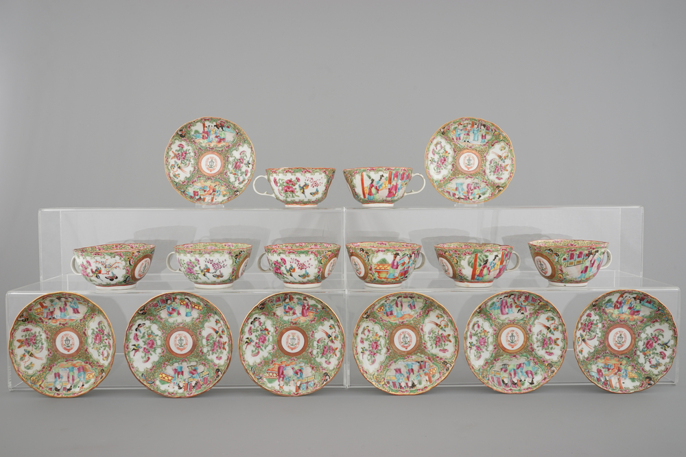A set of 8 large Chinese Canton rose medallion armorial cups and saucers, 19th C.