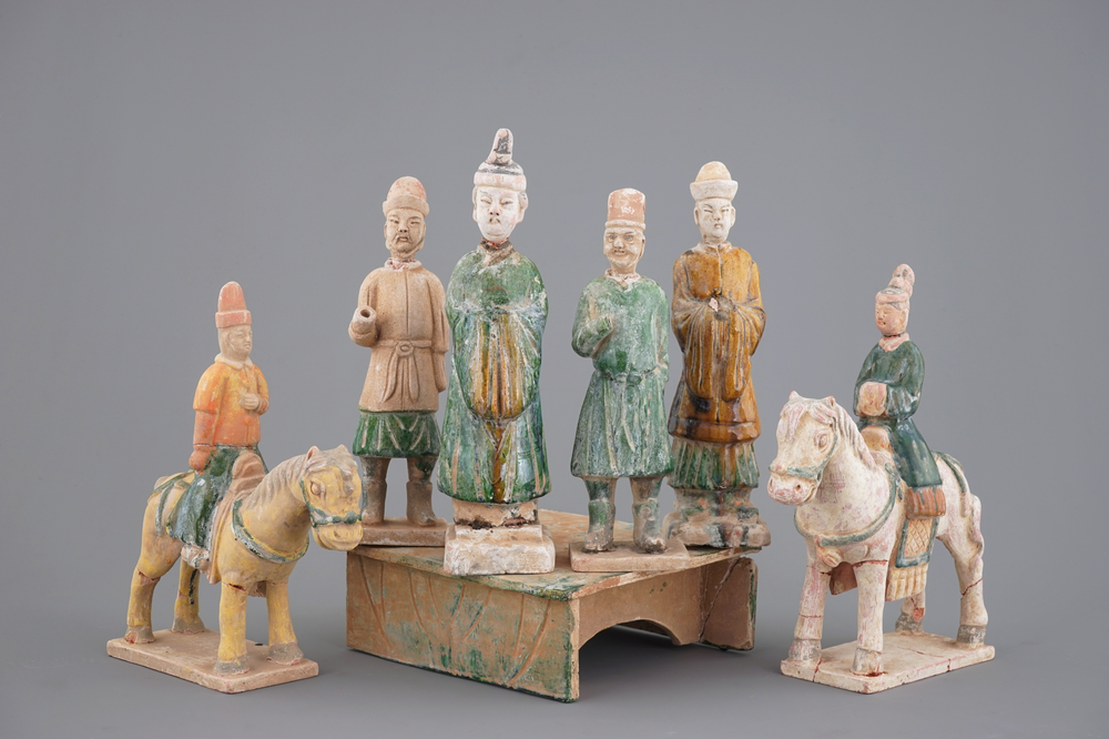 A collection of Chinese pottery funerary figures incl. horseriders, Ming Dynasty