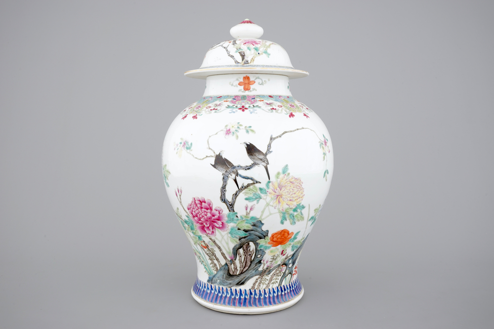 A fine Chinese famille rose vase and cover, 19th C.