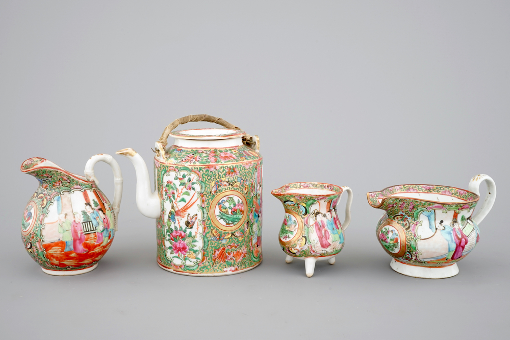 A Chinese Canton rose medallion teapot and three jugs, 19th C.