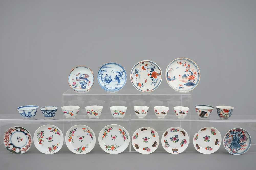 A collection of Chinese famille rose porcelain cups and saucers, 18th C.