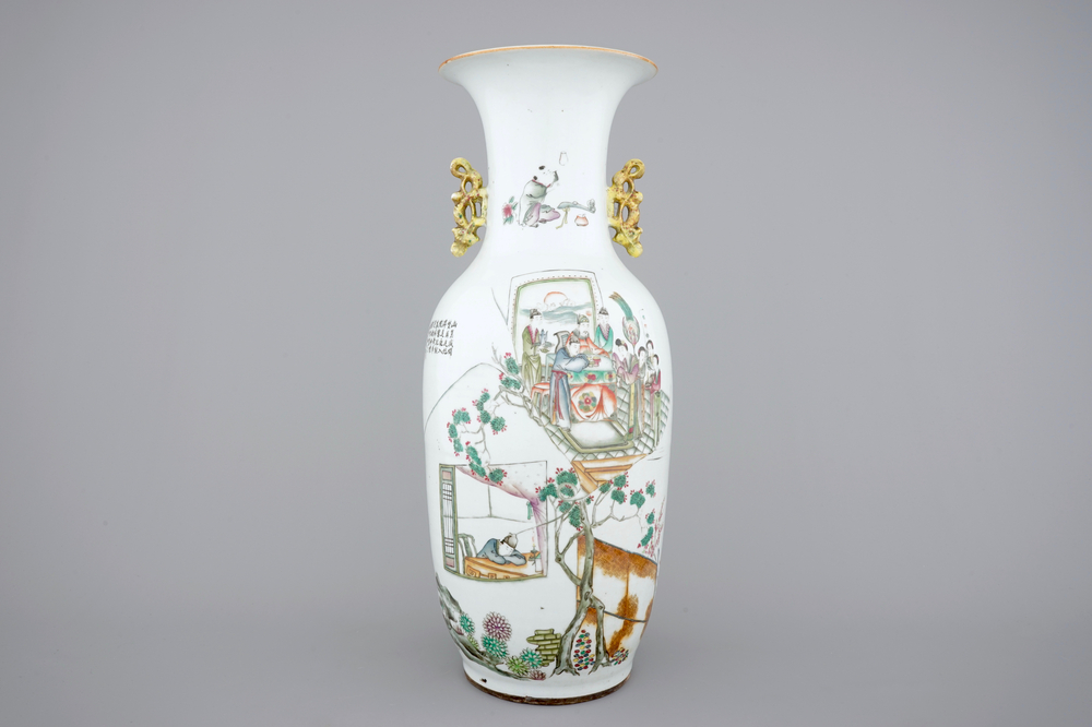 A Chinese famille rose porcelain vase decorated on both sides, 19/20th C.
