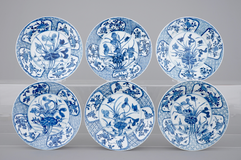 A set of six blue and white Chinese porcelain plates, Kangxi, ca. 1700