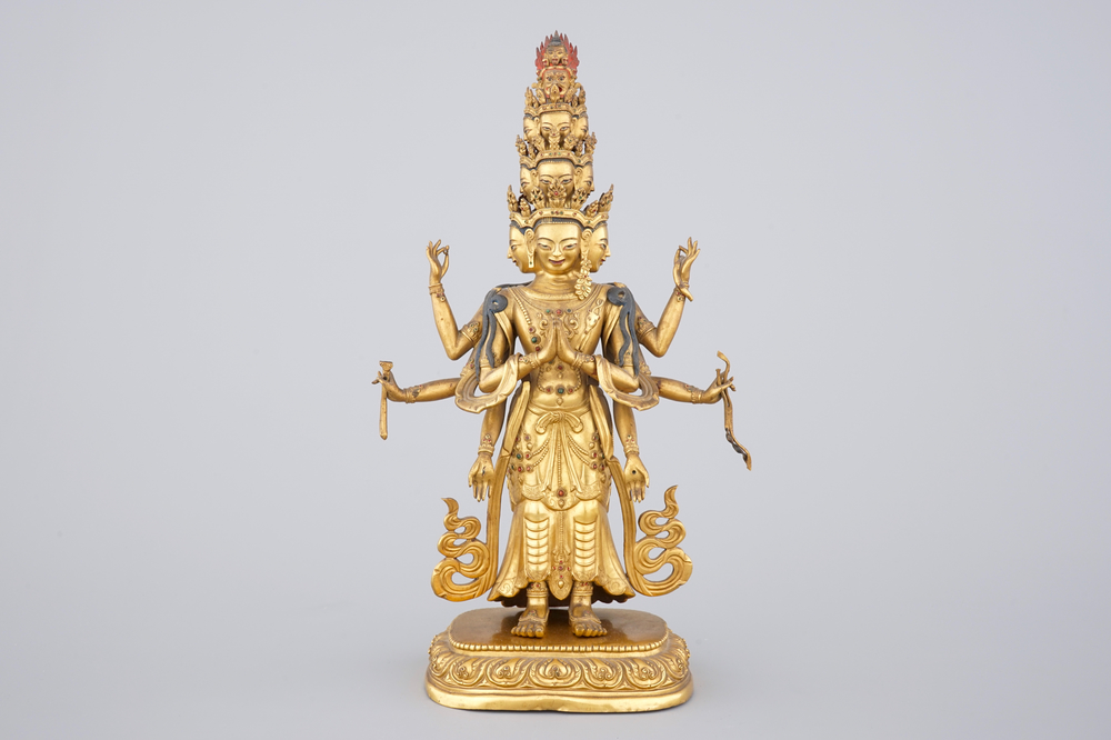 A fine Sino-Tibetan gilt bronze figure of Avalokitesvara, 17-18th C.