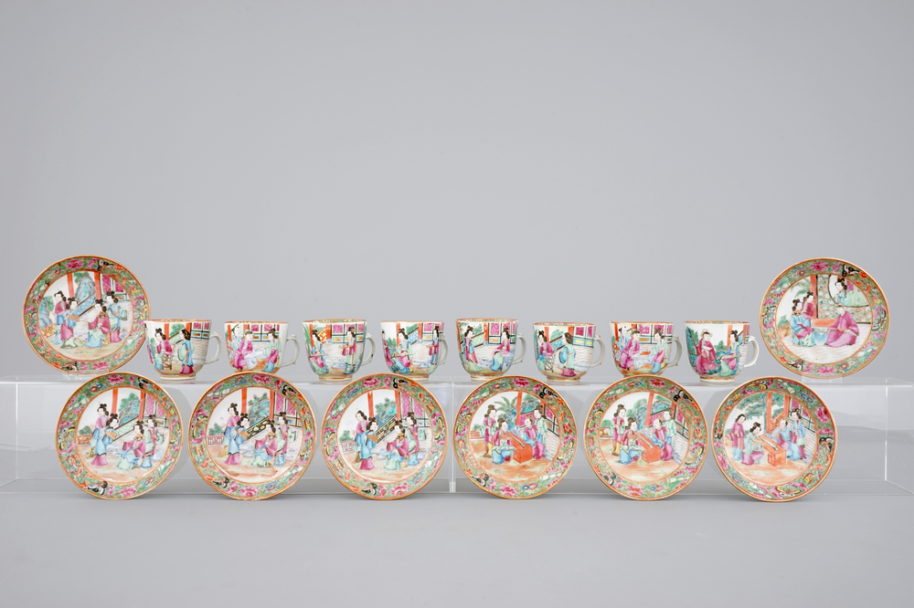 A set of eight Chinese Canton rose medallion cups and saucers, ca. 1860