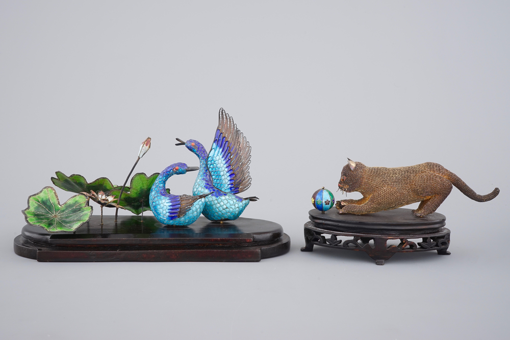 Two Chinese enameled silver groups, ca. 1940, a cat and two geese