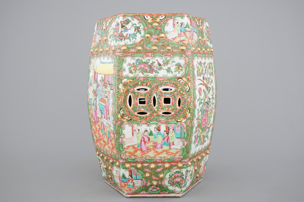A Chinese Canton famille rose medallion hexagonal garden seat, 19th C.