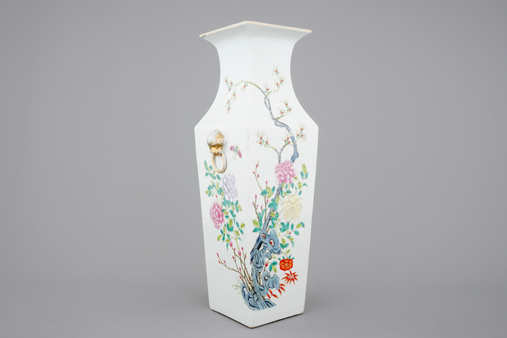 A tall square Chinese famille rose vase, 19th C.