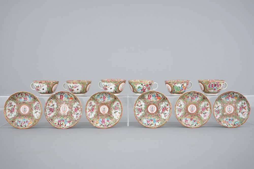 A set of 6 large lobed Chinese Canton rose medallion armorial cups and saucers, 19th C.