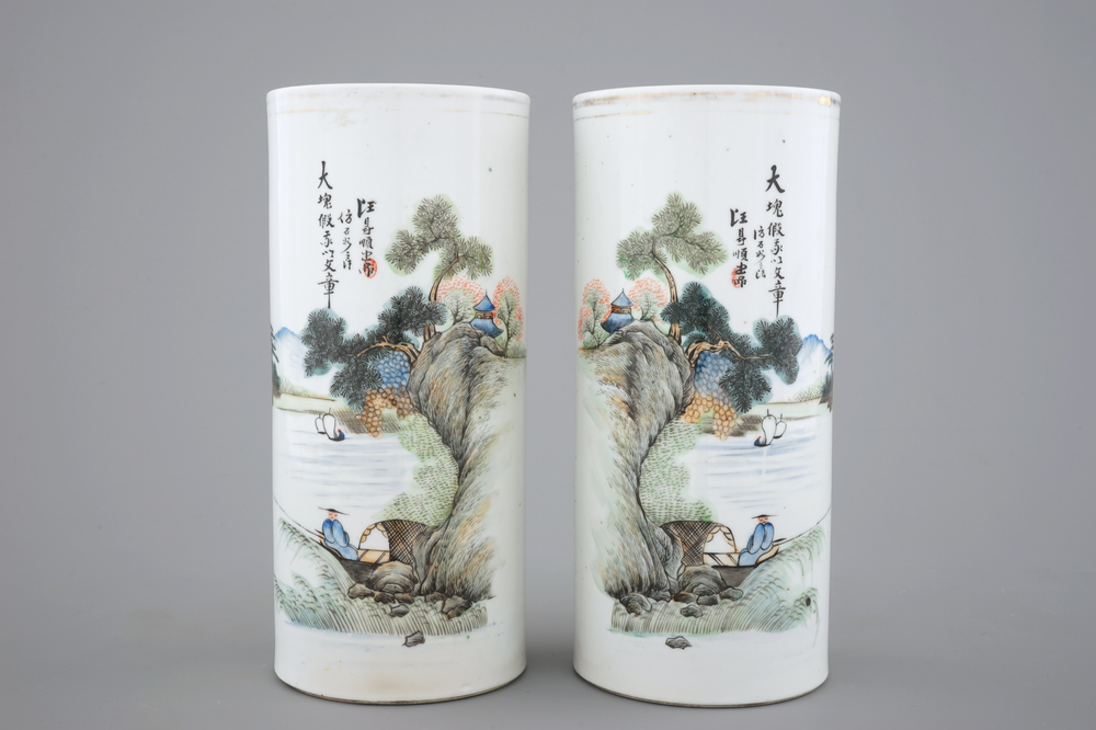 A pair of Chinese porcelain landscape hat stands, 19/20th C.
