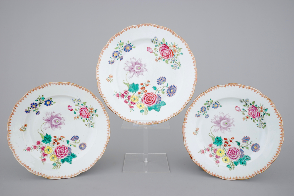 Three Chinese famille rose export porcelain dishes, Qianlong, 18th C.