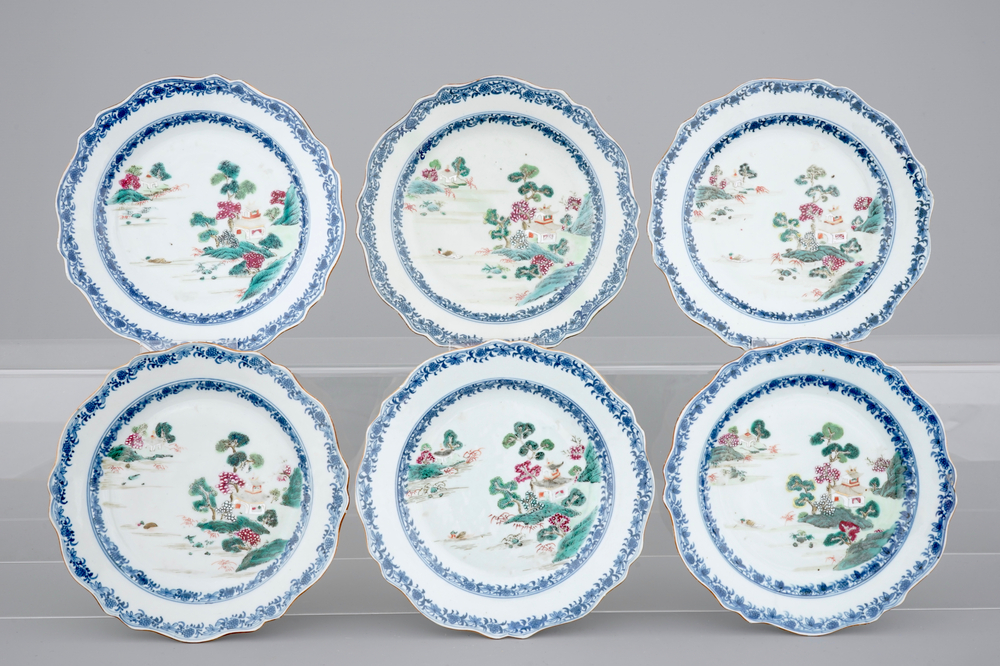A set of six Chinese lobed famille rose landscape plates, Qianlong, 18th C.