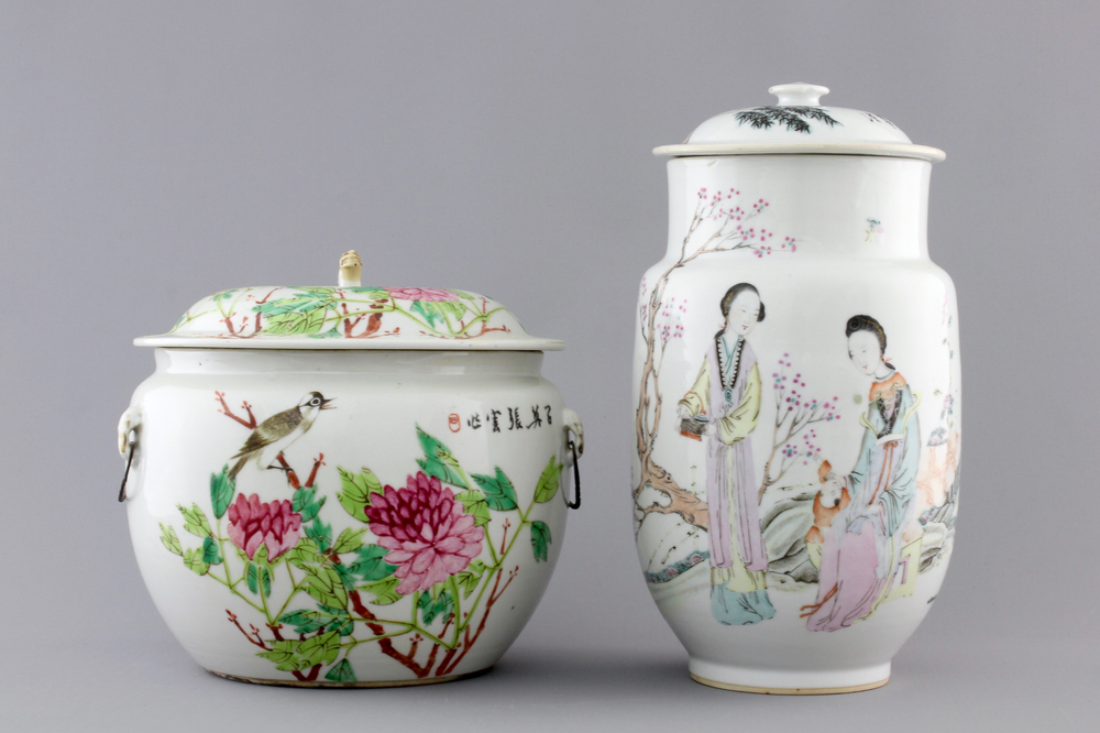 A Chinese porcelain famille rose jar w. cover and a bowl w. cover, 19/20th C.