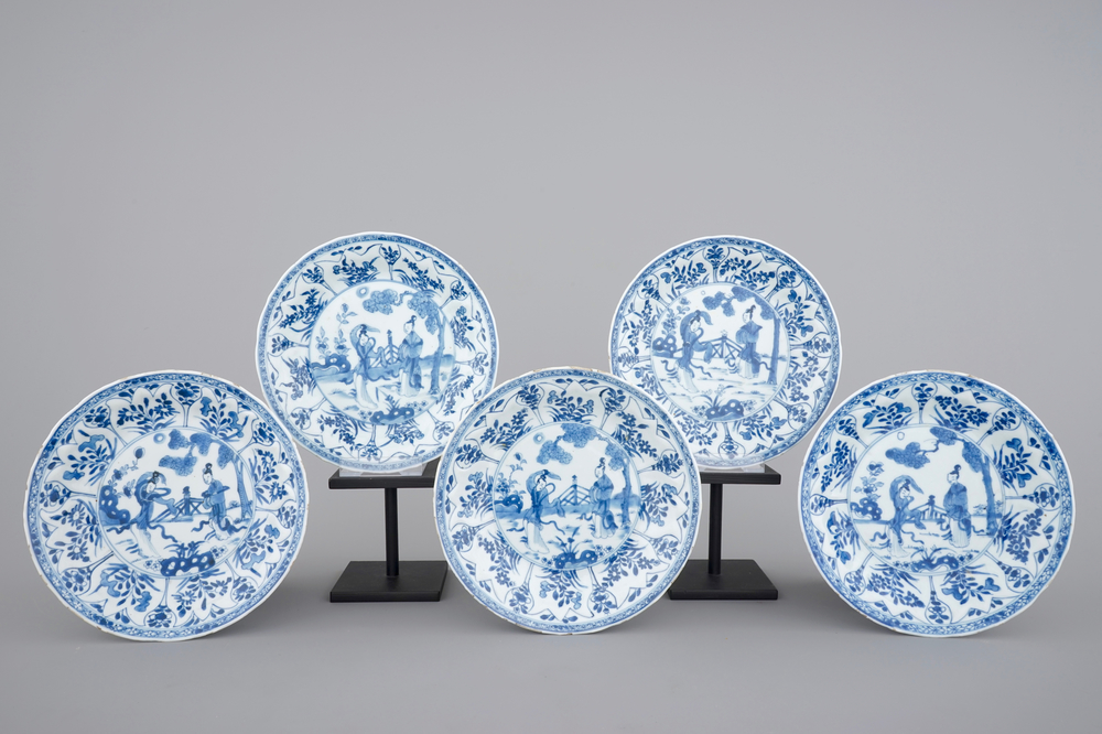 A set of five blue and white plates with ladies in a garden, Kangxi, ca. 1700