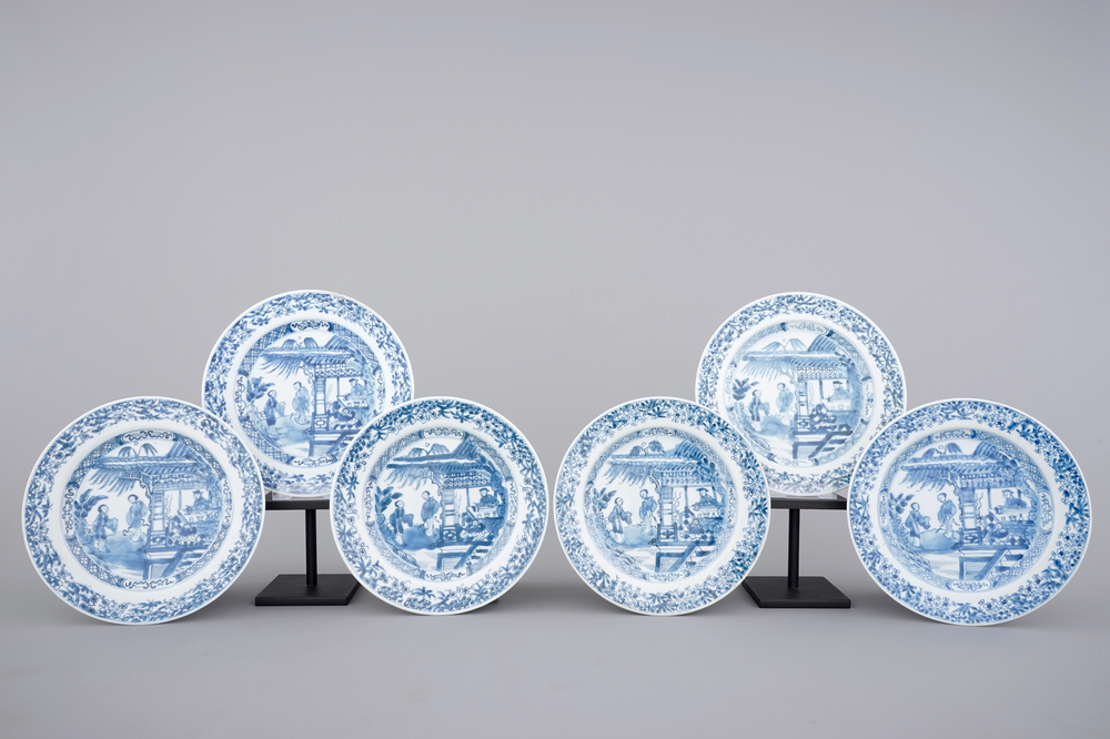 A set of six Chinese blue and white figural plates, Qianlong, 18th C.