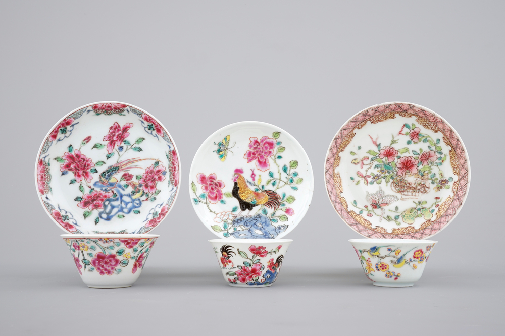 Three Chinese porcelain famille rose cups and saucers, Yongzheng-Qianlong, 18th C.