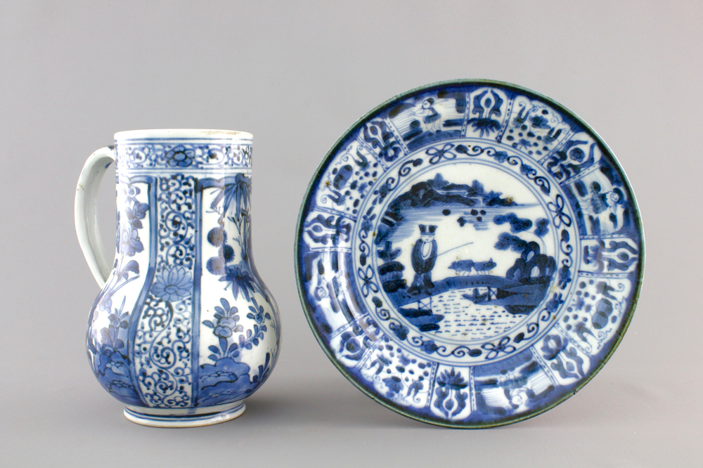 A Japanese Arita porcelain tankard and a similar plate, 17/18th C.