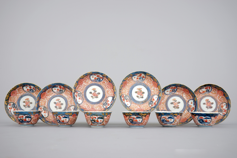 Six Japanese Imari porcelain cups and saucers, 18th C.