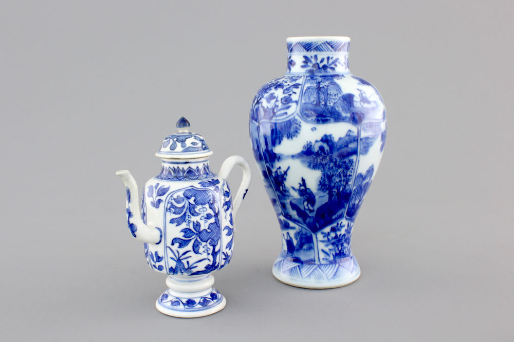 A blue and white jug with cover and a small vase, Kangxi, ca. 1700