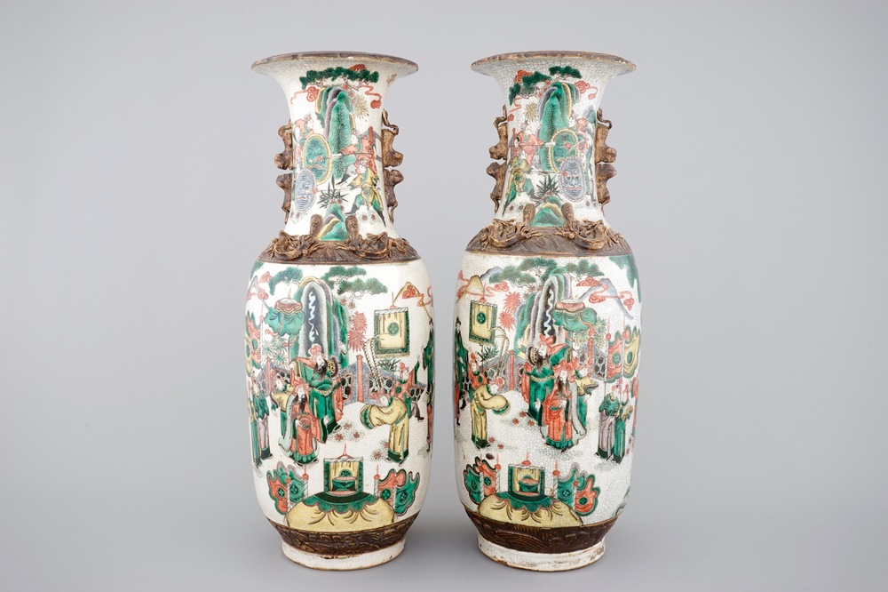A tall pair of Chinese famille verte crackle glaze vases, Nanking, 19th C.