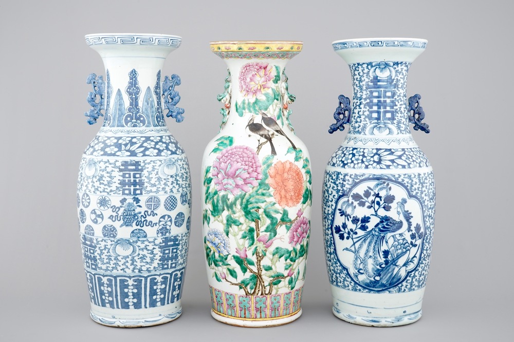 3 tall Chinese famille rose and blue &amp; white vases, 19th C.